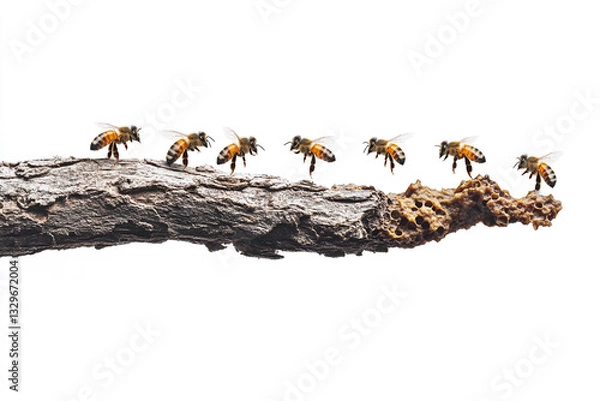 Fototapeta Honeybees flying to wooden branch with honeycomb nature work farm brown black white macro image sweet