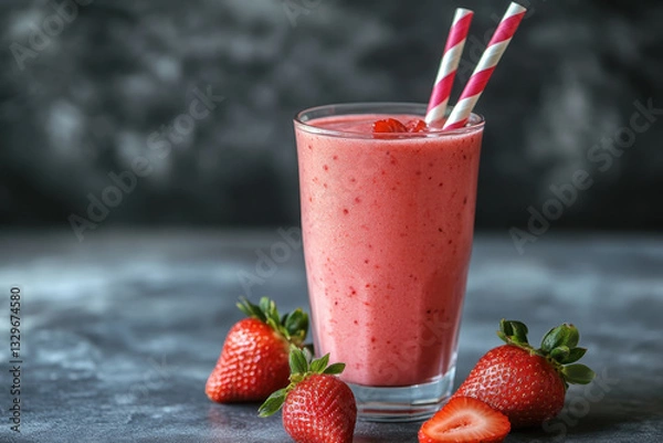 Fototapeta Strawberry smoothie with straws and strawberries on wooden table, vibrant colors, refreshing drink perfect for summer.