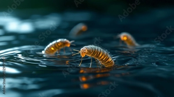 Fototapeta Bioluminescent larvae swimming in dark water, showcasing vibrant orange hues against a serene aquatic backdrop.