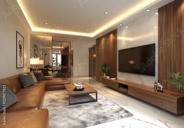 Fototapeta Modern living room with leather sofa, marble wall, and wooden accents.