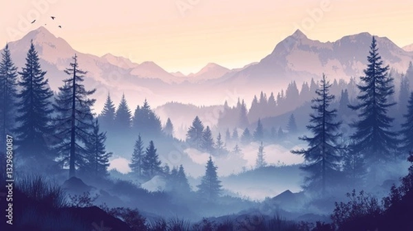 Obraz Misty Fir Forest Landscape in Vintage Hipster Style