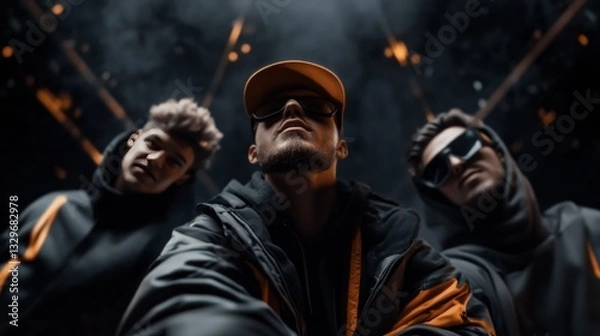 Fototapeta Three young men, stylishly dressed in dark clothing with orange accents, pose intensely against a smoky, dark background.