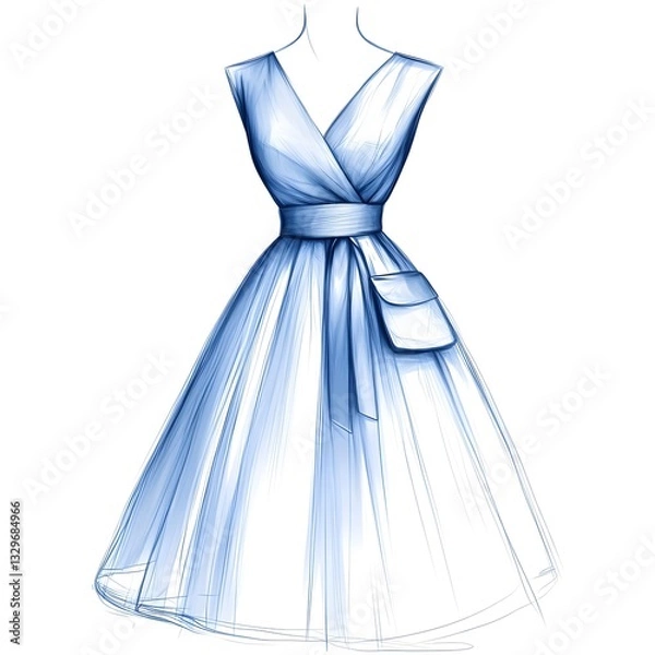 Fototapeta Contemporary Cocktail Dress Illustration: A 2D Vector Line Sketch Featuring Minimalist Style and Soft Curves