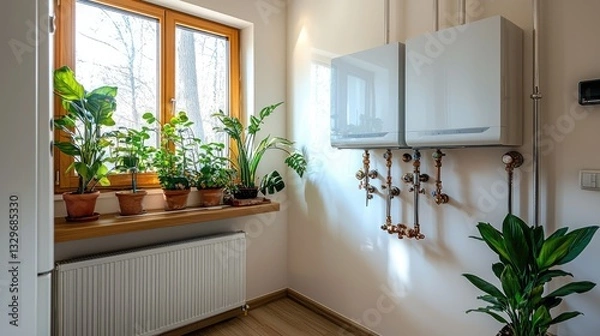 Fototapeta Plumbing and heating installation featuring a sleek, modern boiler setup with radiator system.
