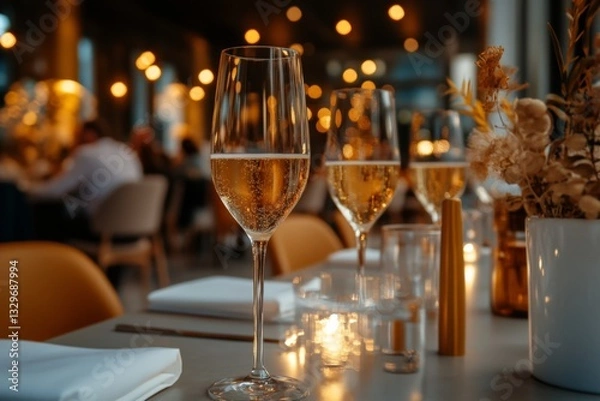 Fototapeta Elegant dining experience with sparkling drinks, ambient lighting, and refined decor in a modern restaurant setting
