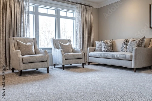 Fototapeta Modern living room with neutral beige furniture, large window, and carpet.