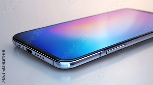 Obraz Cutting-Edge Smartphone with Edge-to-Edge OLED Display, Ultra-Slim Bezels, Triple-Lens Camera System, and Sleek Titanium Frame, Displayed at an Angled Perspective with Soft Reflections