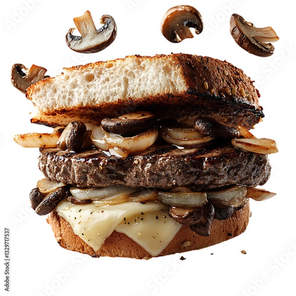 Fototapeta Juicy Steak Sandwich with Grilled Onions Mushrooms and Melted Cheese Isolated on Transparent Background