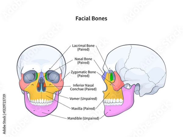 Obraz Facial bones with side and front view of human skull diagram. Skeletal anatomy with labeled educational medical scheme illustration