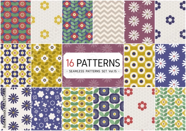 Obraz 16種類のシックでレトロな花柄背景パターンセット（背景色は変更可）	