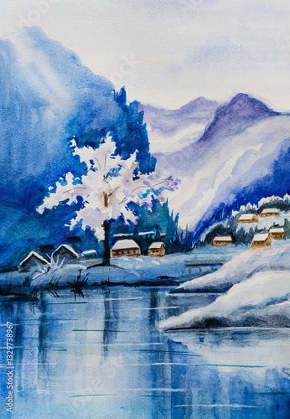 Fototapeta flowering tree against the backdrop of mountains