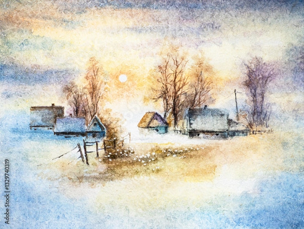 Obraz Village in winter sunset