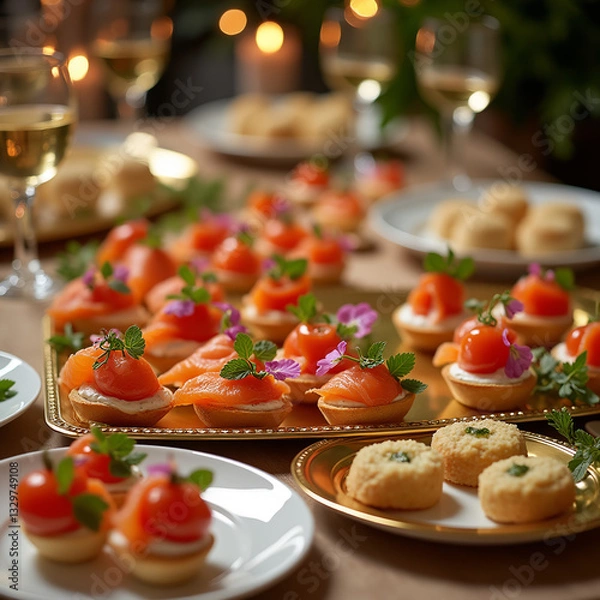 Fototapeta Una selección de canapés en la mesa de fiesta.