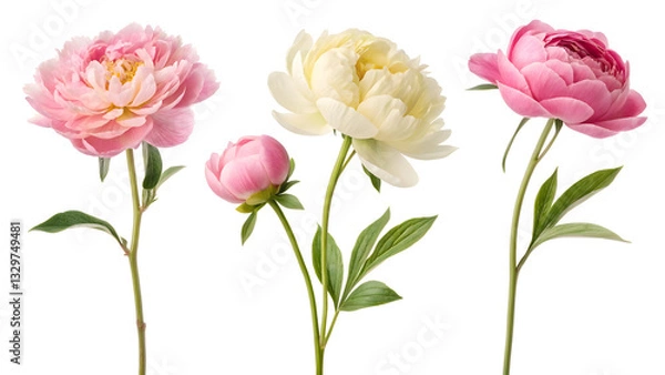 Fototapeta set of peony bouquets with different colors flowers, on white background