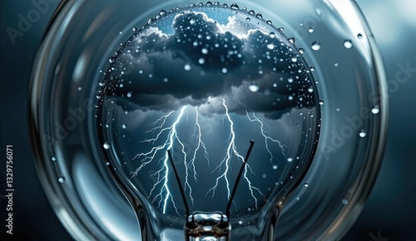 Fototapeta A lightbulb containing a miniature lightning storm with clouds and raindrops, set against a dark, textured background, symbolizing powerful ideas, innovation, and the energy of inspiration.