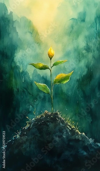 Fototapeta A vibrant seedling emerging from dark soil. Fantasy Tree of Growth and Freedom