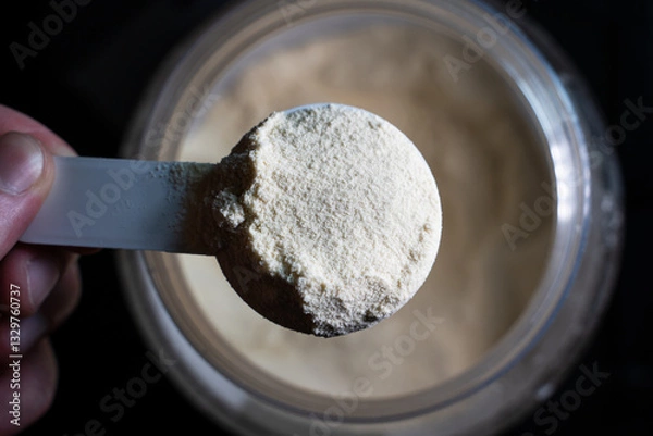 Fototapeta Full scoop of protein powder close-up on a jar background. Sports nutrition for athletes, additional source of protein