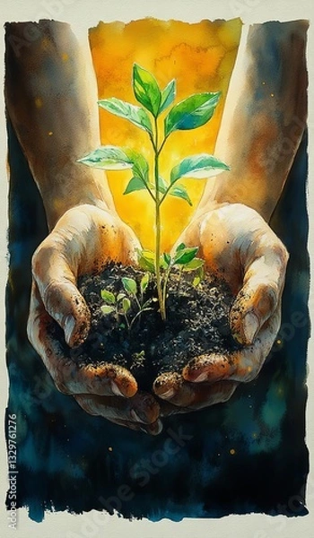 Obraz Hands nurturing a young plant in soil. Fantasy Tree of Growth and Freedom