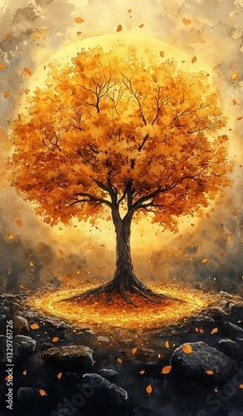 Obraz Majestic autumn tree with golden leaves. Tree of Life and Spiritual Liberation