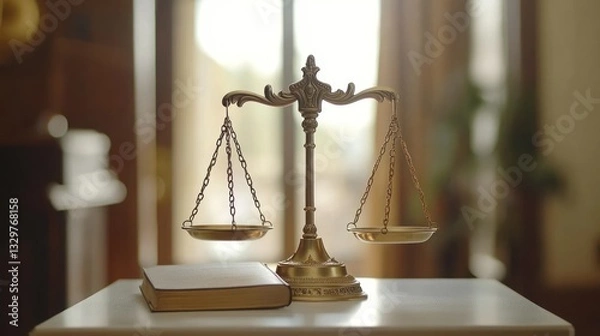 Obraz Brass scales of justice with book on table.