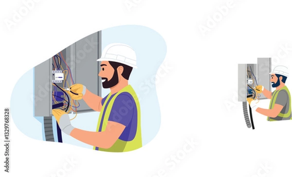 Fototapeta Vector illustration of electrician specialist. Cartoon scene of electrician repairing wires in meter, in protective gloves, holding pliers, dressed in vest, helmet isolated on white background.