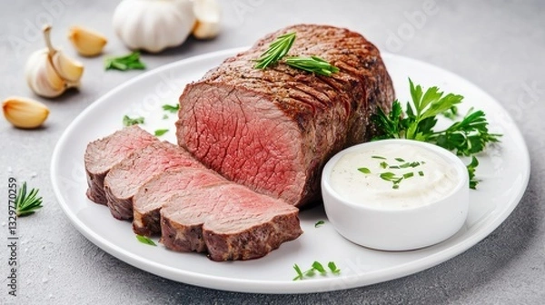 Obraz Classic top round roast beef sliced and plated with garnish