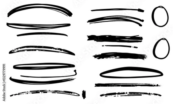 Fototapeta Hand drawn brush stroke vector elements in various shapes and sizes, perfect for design projects and artistic expressions. These strokes add unique touch to any creative work