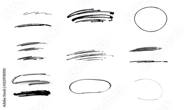 Fototapeta Hand drawn brush strokes and circles in various styles and thicknesses, perfect for design projects and artistic expressions. These versatile elements can enhance creativity and visual appeal
