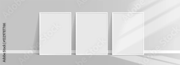 Fototapeta White thin frames with sunlight on a gray background. Vector mockup with space for your design.