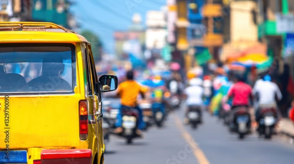 Fototapeta busy street in India is filled with vibrant colors, bustling traffic, and digital payment advertisements, showcasing lively urban atmosphere
