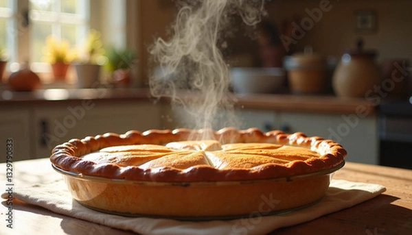 Fototapeta Baked pie on a kitchen table, steaming and fresh, cozy home atmosphere