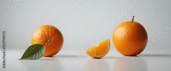 Fototapeta A bright orange orange, with its leaf stem placed on a clean white surface with a white background. The lighting is soft and even, bringing out the texture of the orange peel.