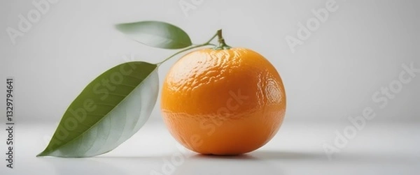 Fototapeta A bright orange orange, with its leaf stem placed on a clean white surface with a white background. The lighting is soft and even, bringing out the texture of the orange peel.