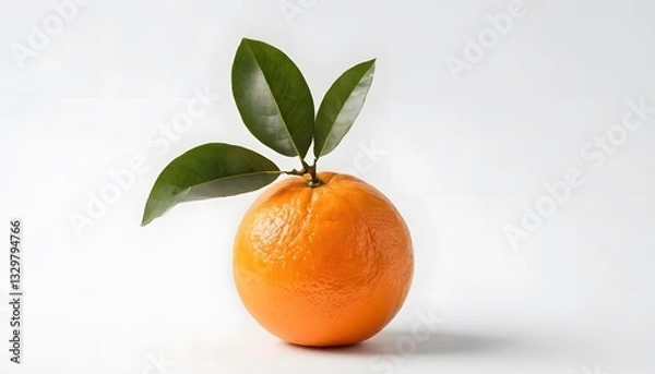 Fototapeta A bright orange orange, with its leaf stem placed on a clean white surface with a white background. The lighting is soft and even, bringing out the texture of the orange peel.
