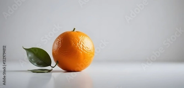Fototapeta A bright orange orange, with its leaf stem placed on a clean white surface with a white background. The lighting is soft and even, bringing out the texture of the orange peel.