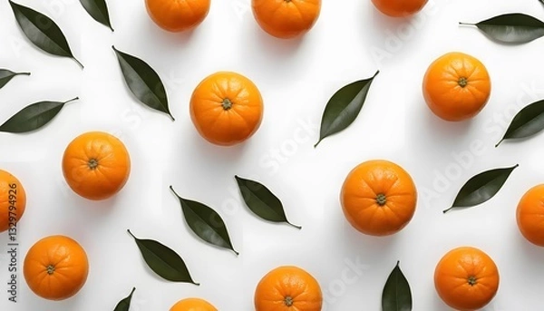 Fototapeta A bright orange orange, with its leaf stem placed on a clean white surface with a white background. The lighting is soft and even, bringing out the texture of the orange peel.