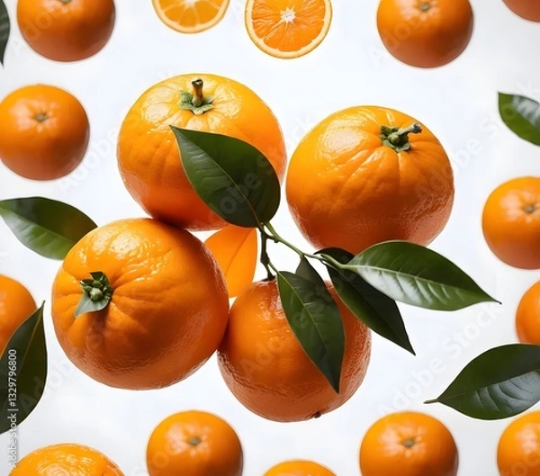 Fototapeta A bright orange orange, with its leaf stem placed on a clean white surface with a white background. The lighting is soft and even, bringing out the texture of the orange peel.
