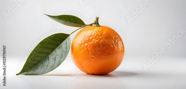 Fototapeta A bright orange orange, with its leaf stem placed on a clean white surface with a white background. The lighting is soft and even, bringing out the texture of the orange peel.