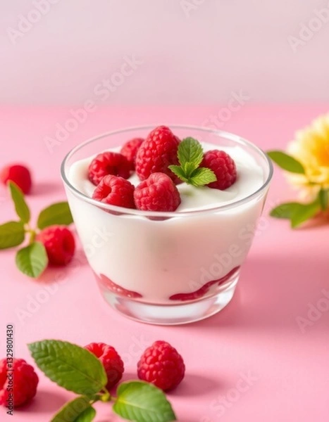 Obraz Yogurt with raspberries on a pink background