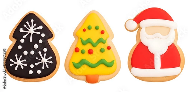 Fototapeta Christmas cookies representing santa claus, christmas tree and fir tree with snowflakes decoration