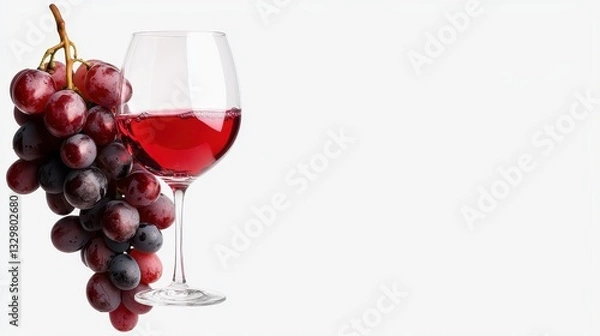 Fototapeta Glass of red wine with a bunch of grapes on a white background.
