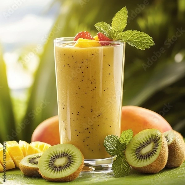 Fototapeta A refreshing fruit smoothie in a glass, garnished with mint and raspberries, accompanied by sliced kiwis and mango, surrounded by lush greenery.
