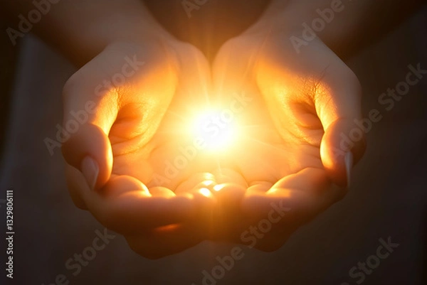 Obraz Two hands holding together with sunlight shining through, symbolizing unity and warmth