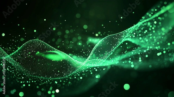 Fototapeta Digital green particles wave and light abstract background with shining dots and stars. abstract wallpaper art. backdrop concept.