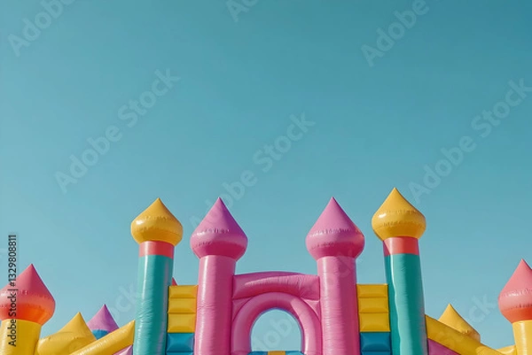 Obraz Vibrant inflatable bouncy castle under a clear blue sky, featuring colorful slides and playful design