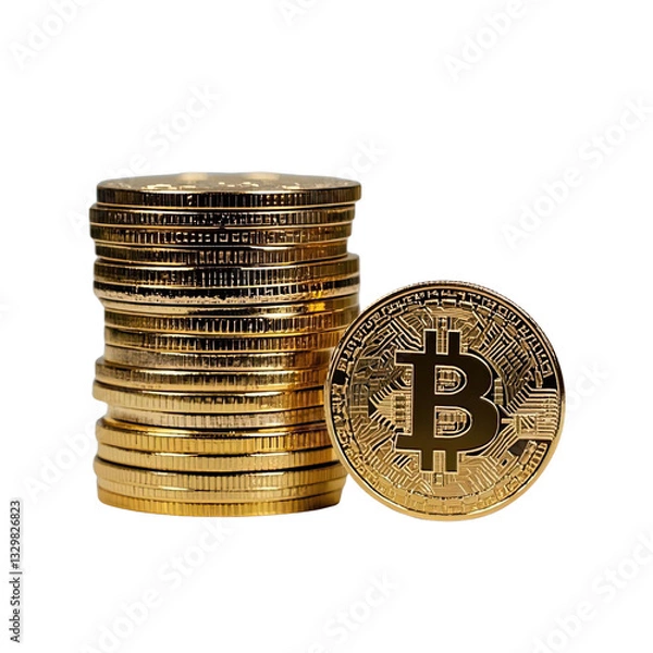 Fototapeta Stack of Gold Bitcoin Scattered on Transparent Background, Generative AI