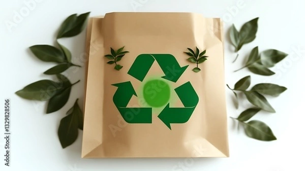 Obraz Recycled Paper Bag With Green Recycle Symbol And Leaves