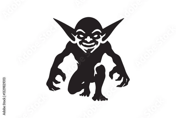 Fototapeta Goblin silhouette vector illustration in black and white, set against a white background