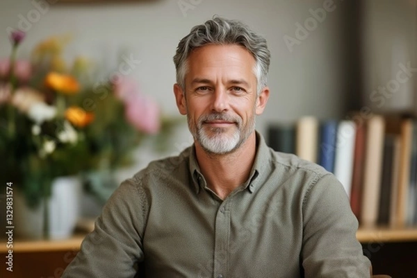 Fototapeta Portrait of a gray-haired middle-aged smiling male psychotherapist in a green shirt sitting in a chair in his office with books and flowers behind him. Concept psychological help services, health