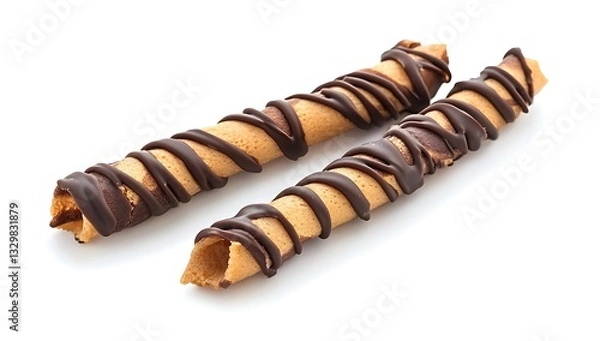 Fototapeta Crunchy wafer roll covered in chocolate on white background